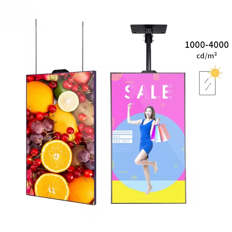 Two ceiling-mounted high-brightness digital signage screens displaying ads